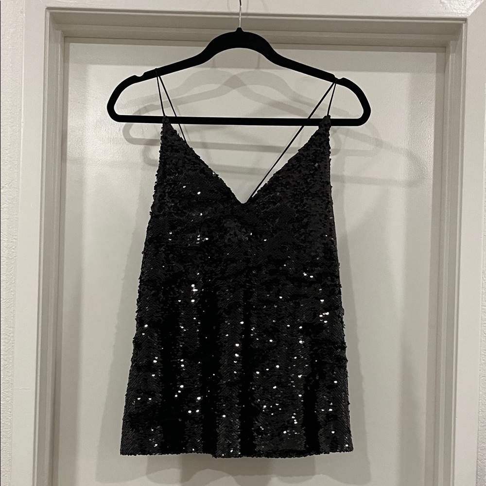 Zara Black Sequin Spaghetti Strap Cami Top